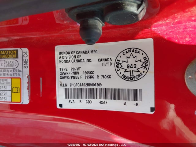 Продаж на аукціоні авто 2011 Honda Civic Lx, vin: 2HGFG1A62BH001309, номер лоту: 12640307