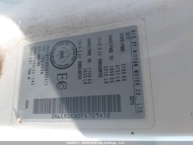 Aukcja sprzedaży 2015 Nissan Nv200 2.5s/2.5sv, vin: 3N6CM0KN0FK709472, numer aukcji: 12640313