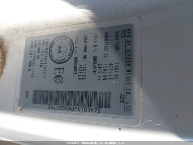 Aukcja sprzedaży 2015 Nissan Nv200 2.5s/2.5sv, vin: 3N6CM0KN0FK709472, numer aukcji: 12640313