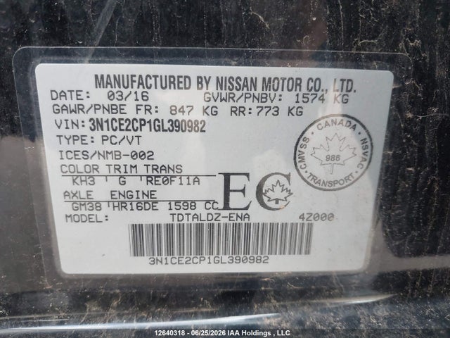 12640318 :رقم المزاد ، 3N1CE2CP1GL390982 vin ، 2016 Nissan Versa Note 1.6 S/1.6 Sl/1.6 Sr/1.6 Sv مزاد بيع