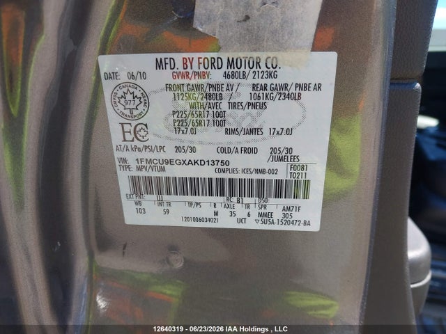 12640319 :رقم المزاد ، 1FMCU9EGXAKD13750 vin ، 2010 Ford Escape Limited مزاد بيع
