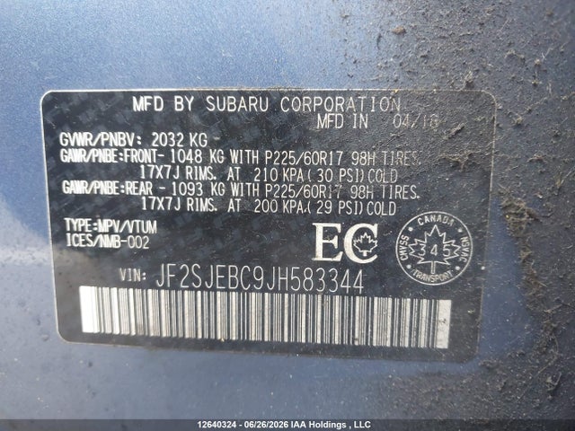 2018 Subaru Forester 2.5i მანქანა იყიდება აუქციონზე, vin: JF2SJEBC9JH583344, აუქციონის ნომერი: 12640324