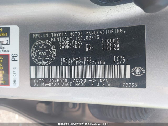 2015 Toyota Camry Le/xle/se/xse მანქანა იყიდება აუქციონზე, vin: 4T1BF1FK7FU927466, აუქციონის ნომერი: 12640327