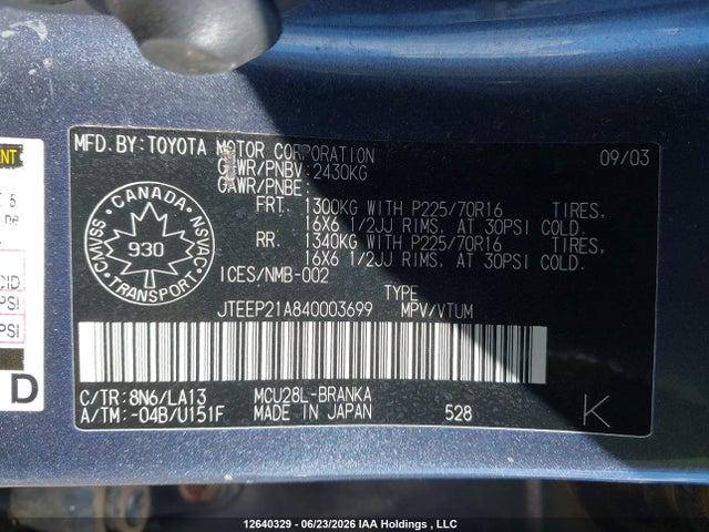 12640329 :رقم المزاد ، JTEEP21A840003699 vin ، 2004 Toyota Highlander V6/v6 7 Passenger مزاد بيع