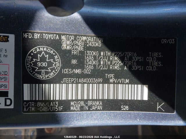 12640329 :رقم المزاد ، JTEEP21A840003699 vin ، 2004 Toyota Highlander V6/v6 7 Passenger مزاد بيع