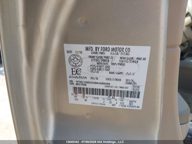 12640342 :رقم المزاد ، 1FMCU9DG1BKA95006 vin ، 2011 Ford Escape مزاد بيع