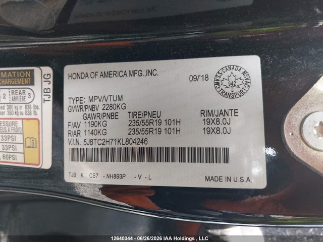 Продаж на аукціоні авто 2019 Acura Rdx Elite, vin: 5J8TC2H71KL804246, номер лоту: 12640344