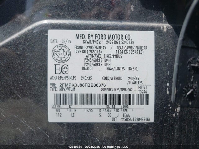 12640354 :رقم المزاد ، 2FMPK3J88FBB36376 vin ، 2015 Ford Edge Sel مزاد بيع