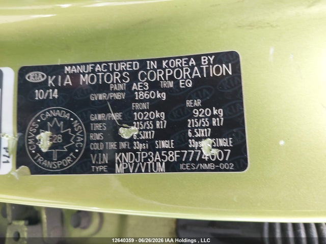12640359 :رقم المزاد ، KNDJP3A58F7774007 vin ، 2015 Kia Soul Ex/ex+/ex+ Eco مزاد بيع