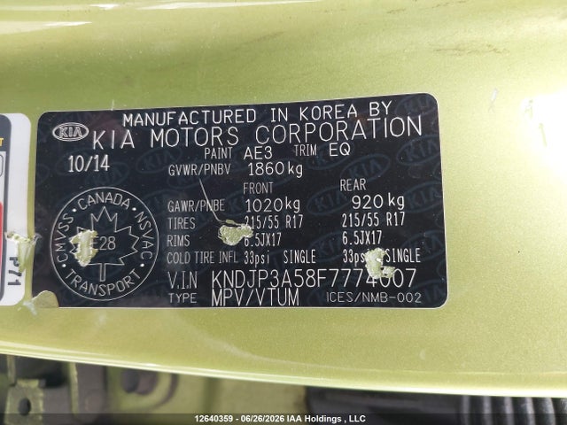 12640359 :رقم المزاد ، KNDJP3A58F7774007 vin ، 2015 Kia Soul Ex/ex+/ex+ Eco مزاد بيع