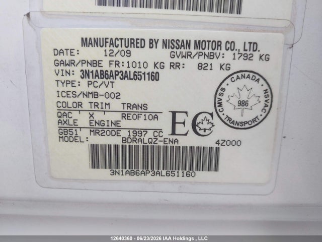 2010 Nissan Sentra 2.0/2.0s/sr/2.0sl მანქანა იყიდება აუქციონზე, vin: 3N1AB6AP3AL651160, აუქციონის ნომერი: 12640360