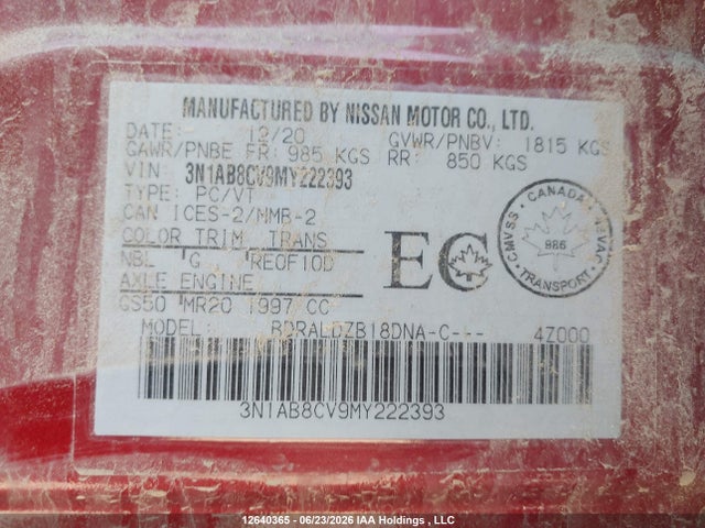 Aukcja sprzedaży 2021 Nissan Sentra Sv, vin: 3N1AB8CV9MY222393, numer aukcji: 12640365