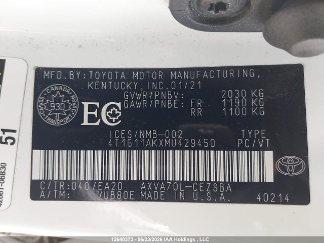 Продажа на аукционе авто 2021 Toyota Camry Se, vin: 4T1G11AKXMU429450, номер лота: 12640373