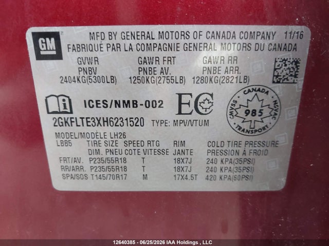 12640385 :رقم المزاد ، 2GKFLTE3XH6231520 vin ، 2017 Gmc Terrain Sle مزاد بيع