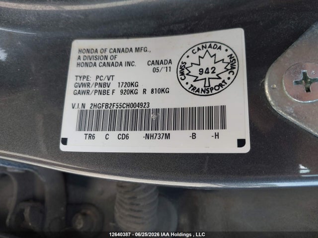 2012 Honda Civic Ex მანქანა იყიდება აუქციონზე, vin: 2HGFB2F55CH004923, აუქციონის ნომერი: 12640387