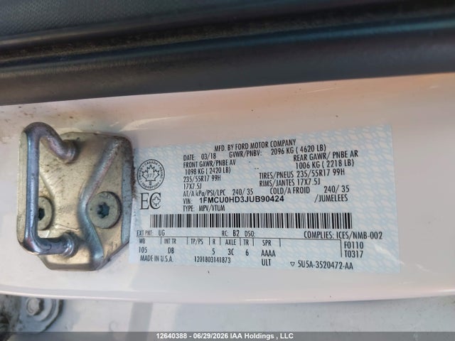 12640388 :رقم المزاد ، 1FMCU0HD3JUB90424 vin ، 2018 Ford Escape Sel مزاد بيع