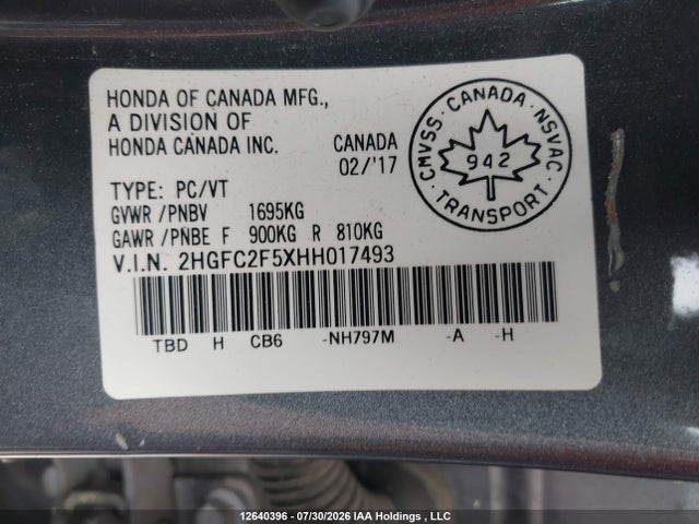 Honda Civic Lx 2017 2HGFC2F5XHH017493 Image 9