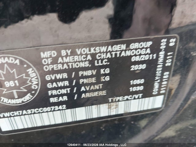 2012 Volkswagen Passat Sel მანქანა იყიდება აუქციონზე, vin: 1VWCH7A37CC007342, აუქციონის ნომერი: 12640411