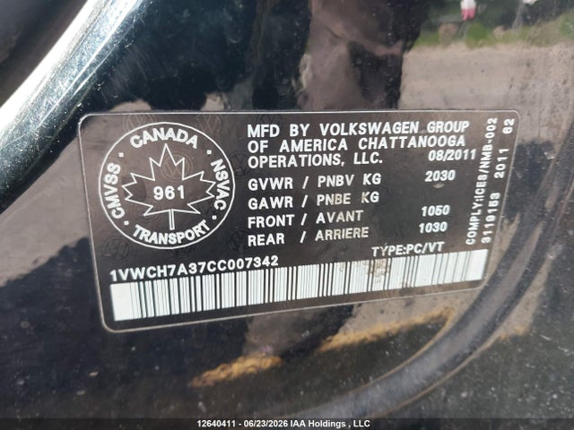 2012 Volkswagen Passat Sel მანქანა იყიდება აუქციონზე, vin: 1VWCH7A37CC007342, აუქციონის ნომერი: 12640411