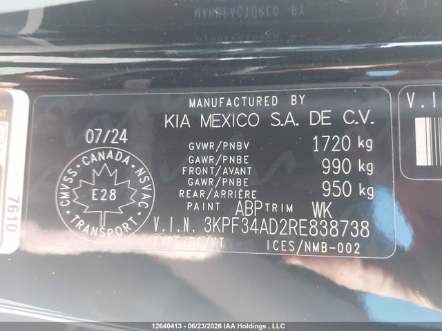 12640413 :رقم المزاد ، 3KPF34AD2RE838738 vin ، 2024 Kia Forte Ex/ex+/ex Premium مزاد بيع