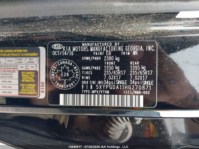 12640417 :رقم المزاد ، 5XYPGDA11HG270871 vin ، 2017 Kia Sorento 2.0l Lx Turbo مزاد بيع