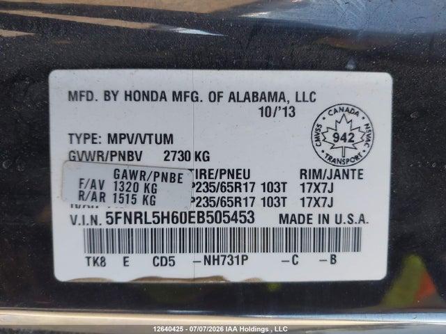 2014 Honda Odyssey Ex-l მანქანა იყიდება აუქციონზე, vin: 5FNRL5H60EB505453, აუქციონის ნომერი: 12640425