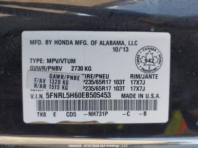 2014 Honda Odyssey Ex-l მანქანა იყიდება აუქციონზე, vin: 5FNRL5H60EB505453, აუქციონის ნომერი: 12640425