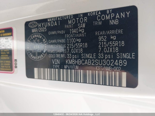 12640432 :رقم المزاد ، KM8HBCAB2SU302489 vin ، 2025 Hyundai Kona Sel مزاد بيع