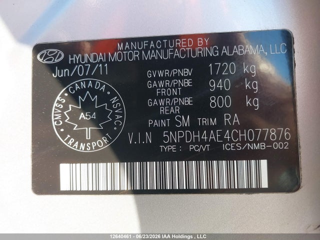 12640461 :رقم المزاد ، 5NPDH4AE4CH077876 vin ، 2012 Hyundai Elantra مزاد بيع