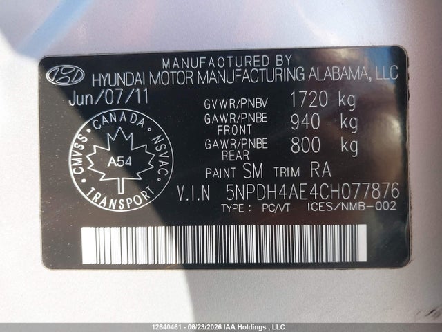 12640461 :رقم المزاد ، 5NPDH4AE4CH077876 vin ، 2012 Hyundai Elantra مزاد بيع