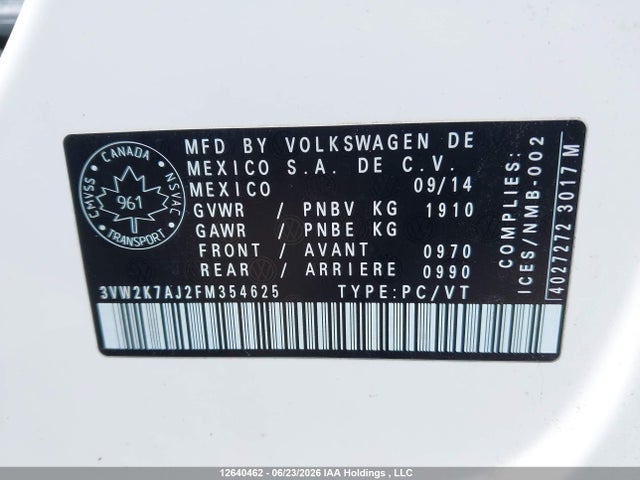 12640462 :رقم المزاد ، 3VW2K7AJ2FM354625 vin ، 2015 Volkswagen Jetta 2.0l Trendline/2.0l Trendline+ مزاد بيع