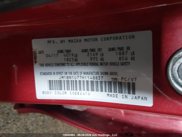 Продаж на аукціоні авто 2017 Mazda Mazda3, vin: JM1BN1U77H1148837, номер лоту: 12640464