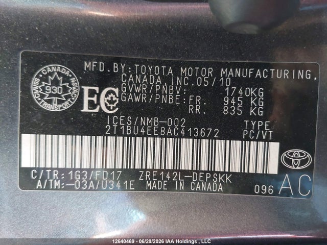 Продаж на аукціоні авто 2010 Toyota Corolla S, vin: 2T1BU4EE8AC413672, номер лоту: 12640469