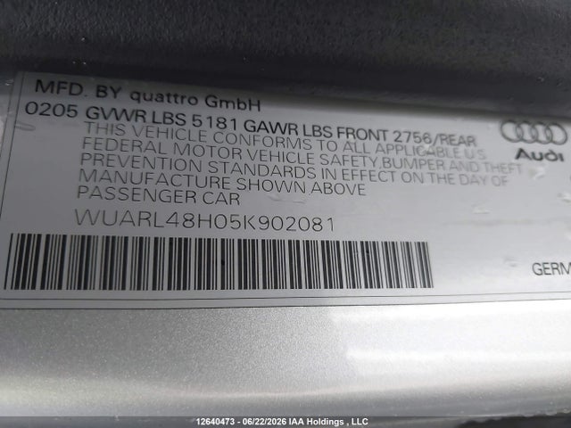 2005 Audi S4 მანქანა იყიდება აუქციონზე, vin: WUARL48H05K902081, აუქციონის ნომერი: 12640473