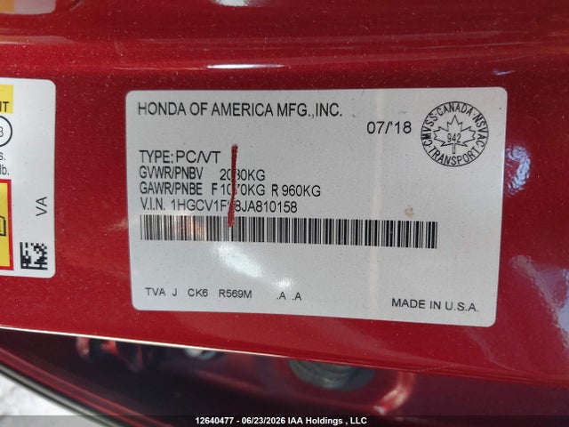Продаж на аукціоні авто 2018 Honda Accord Touring, vin: 1HGCV1F98JA810158, номер лоту: 12640477
