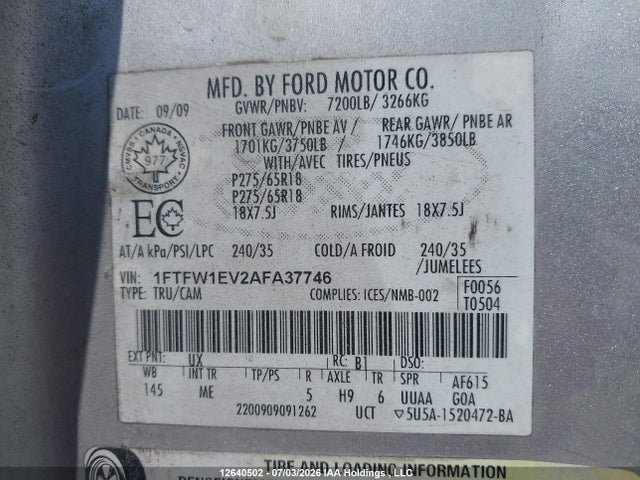 12640502 :رقم المزاد ، 1FTFW1EV2AFA37746 vin ، 2010 Ford F-150 Fx4/harley-davidson/king Ranch/lariat/platinum/xlt مزاد بيع