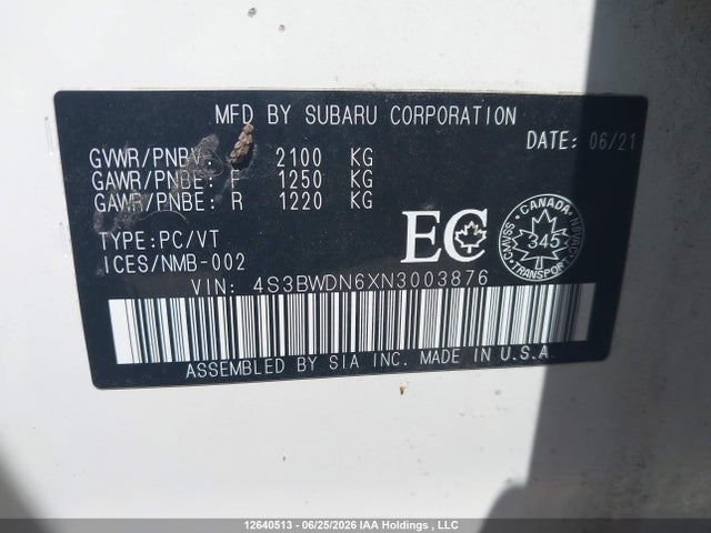 12640513 :رقم المزاد ، 4S3BWDN6XN3003876 vin ، 2022 Subaru Legacy Limited مزاد بيع