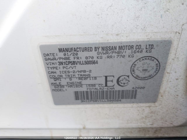 2020 Nissan Kicks S მანქანა იყიდება აუქციონზე, vin: 3N1CP5BV1LL500564, აუქციონის ნომერი: 12640522