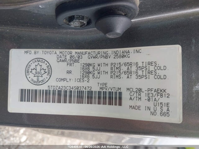 Продажа на аукционе авто 2004 Toyota Sienna Ce/le, vin: 5TDZA23C34S037472, номер лота: 12640530