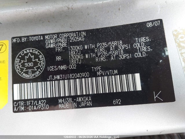 12640532 :رقم المزاد ، JTJHW31U182040900 vin ، 2008 Lexus Rx 400h مزاد بيع