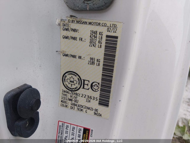 Aukcja sprzedaży 2012 Nissan Altima, vin: 1N4AL2EP8CC223635, numer aukcji: 12640539