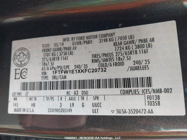 12640541 :رقم المزاد ، 1FTFW1E1XKFC20732 vin ، 2019 Ford F-150 King Ranch/lariat/platinum/xl/xlt مزاد بيع
