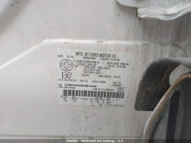 12640543 :رقم المزاد ، 2FMPK4K99KBB15446 vin ، 2019 Ford Edge Titanium مزاد بيع