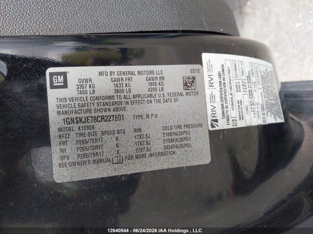 12640544 :رقم المزاد ، 1GNSKJE78CR227801 vin ، 2012 Chevrolet Suburban K1500 Lt مزاد بيع