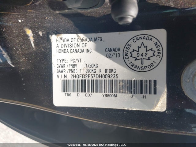 Aukcja sprzedaży 2013 Honda Civic, vin: 2HGFB2F57DH009235, numer aukcji: 12640546