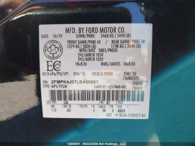 Ford EDGE SEL 2020 2FMPK4J97LBA00881 Image 18