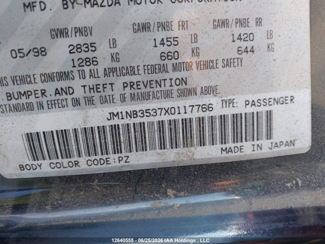 12640555 :رقم المزاد ، JM1NB3537X0117766 vin ، 1999 Mazda Miata مزاد بيع