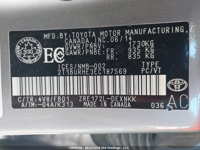 2014 Toyota Corolla მანქანა იყიდება აუქციონზე, vin: 2T1BURHE3EC187569, აუქციონის ნომერი: 12640556