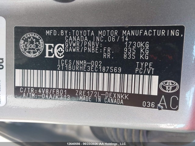 2014 Toyota Corolla მანქანა იყიდება აუქციონზე, vin: 2T1BURHE3EC187569, აუქციონის ნომერი: 12640556