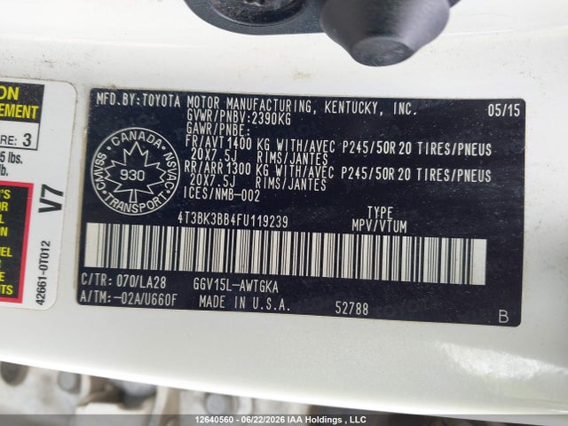 Toyota Venza Base V6 2015 4T3BK3BB4FU119239 Image 9